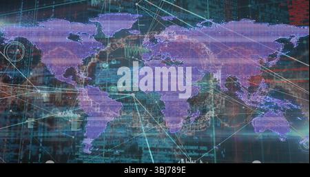 Visualizzazione di mappe mondiali che collegano continenti su interfaccia digitale, con flussi di codice, grafici e nodi Foto Stock