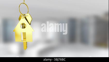 Portachiavi dorato a forma di casa con chiavi sull'anello in cucina moderna, nuova casa, spazio per copie Foto Stock