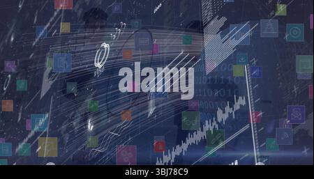 Il team che collabora indossa abiti che esaminano il display trasparente nella sala conferenze, con icone dati Foto Stock