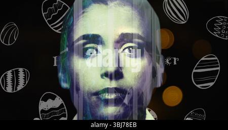 Mostra un volto femminile stilizzato che si illumina di arte digitale scura, con barre glitch e motivi pasquali Foto Stock