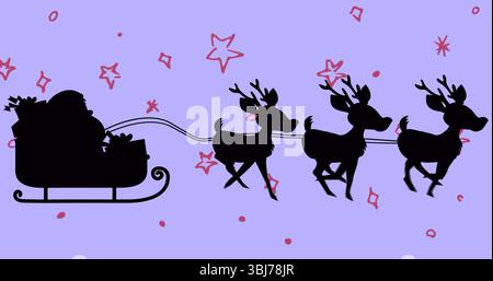 Babbo Natale con silhouette volante in slitta sullo sfondo del cielo natalizio, con sacchi regalo e renne Foto Stock