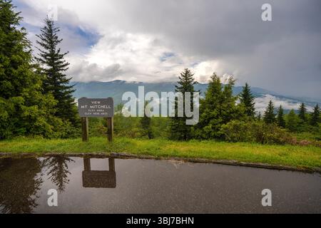 Viaggio su strada tra i monti Appalachi al tramonto. MT. Mitchell si affaccia sulla strada panoramica e sulla natura dei boschi nella stagione estiva. Foresta colorata a nord Foto Stock