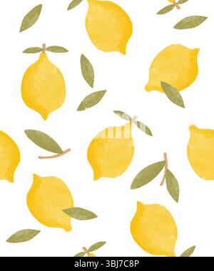 Simpatico motivo vettoriale senza cuciture con limone giallo disegnato a mano su sfondo bianco. Incantevole Enless Citrus Print. Carta da parati con limoni e foglie. Illustrazione Vettoriale