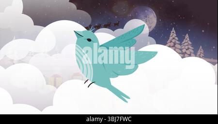 Uccello color azzurro che si innalza tra le nuvole sopra i pini con regali pastello, silhouette stellata della slitta al chiaro di luna Foto Stock