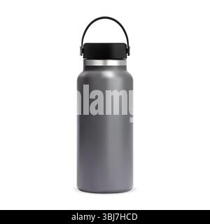 Bottiglia d'acqua isolata. Mockup per fiasche termiche riutilizzabile. Termos in metallo in acciaio inox, contenitore per tè o caffè portatile realistico con coperchio in plastica per b Illustrazione Vettoriale
