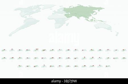 Mappe in stile cartaceo curvo dell'Asia con le città capitali. Raccolta vettoriale di mappe asiatiche. Illustrazione Vettoriale