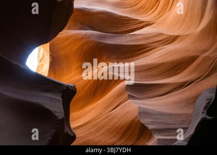 Il modello a onda lungo le pareti di arenaria dell'Upper Antelope Canyon modellato da venti e acqua che fluiscono attraverso il canyon della slot nella Nazione Navajo, 17 agosto 2004 a Lechee, Arizona. Foto Stock