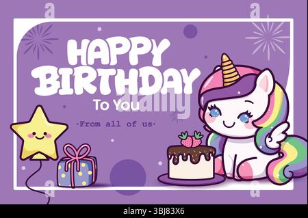 Design del banner clipart per auguri di buon compleanno. Testo e desideri di auguri di compleanno con clipart di carattere unicorno su sfondo viola per l'invito Illustrazione Vettoriale
