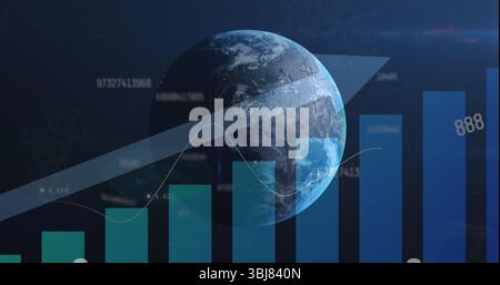 Globo terrestre 3D che gira nello spazio, con colonne colorate, curva di linea, freccia verso l'alto, etichette numeriche Foto Stock