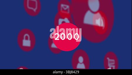 Visualizzazione di un badge rosso che mostra 2000 nel cruscotto, con icone di sicurezza, carrello, chat e busta Foto Stock