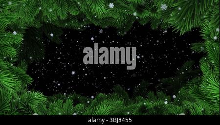 Incorniciare i rami di pino verde che formano il bordo della corona nella grafica invernale, mostrando i fiocchi di neve che cadono Foto Stock