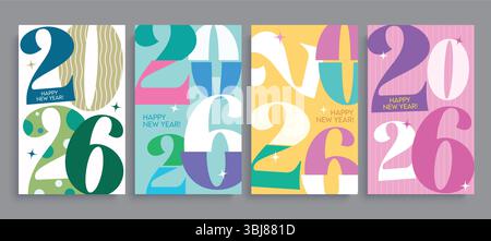set di poster clipart per il felice anno nuovo 2026. Testo colorato 2026, saluto, calligrafia e tipografia per cartoline, numeri e volantini del calendario di Capodanno Illustrazione Vettoriale