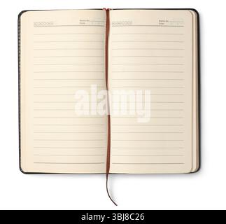 quaderno o diario vuoto aperto con pagine allineate e nastro dei segnalibri sfondo bianco isolato, pagine vuote color crema righe per testo Foto Stock