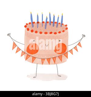 Torta di compleanno rosa sorridente con candele blu. Graziosa torta di compleanno disegnata a mano con ghirlande rosse e auguri di buon compleanno. Biglietto di compleanno. Illustrazione Vettoriale