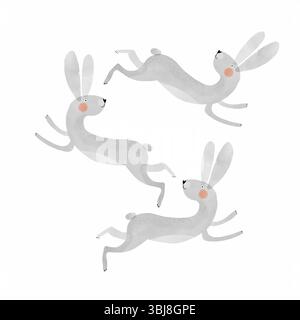Tre simpatici conigli grigi che saltano felicemente l'uno intorno all'altro. Simpatici coniglietti grigi su sfondo bianco. Easter Vector Card con felice conigli disegnati a mano. Illustrazione Vettoriale