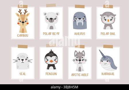 Animali polari isolati, animali carini, poster per bambini, cartoni animati, carte per bambini Illustrazione Vettoriale