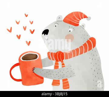 Orso carino che tiene in mano una tazza di caffè. Cottura a vapore del caffè con cuori rossi. Orsacchiotto grigio dipinto a mano con cappello e sciarpa in lana rossa. Arte vivaio Illustrazione Vettoriale