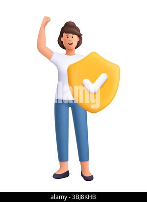 Donna sicura Jane in piedi con un braccio sollevato in trionfo e con uno scudo dorato con il simbolo del segno di spunta. Protezione, assicurazione. vect 3d. Illustrazione Vettoriale