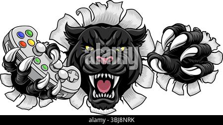 Mascotte Jaguar Cat Gamer Black Panther Leopard Illustrazione Vettoriale