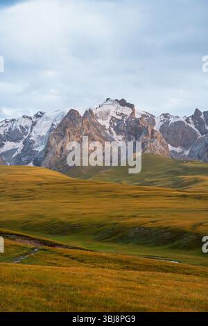 Uno scatto verticale con imponenti montagne innevate con pareti rocciose che si innalzano sopra ampi prati dorati e verdi sotto un cielo morbido Foto Stock