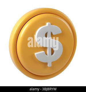 icona di rendering 3d di una grande moneta d'oro per il pagamento del finanziamento con un simbolo bianco del dollaro, isolata su sfondo trasparente Foto Stock