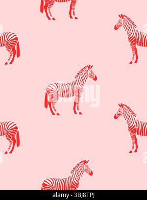Motivo vettoriale senza cuciture con zebra rosso-bianco isolata su sfondo rosa corallo chiaro. Sfondo animale africano selvaggio. Safari rosa. Zebra disegnata a mano. Illustrazione Vettoriale