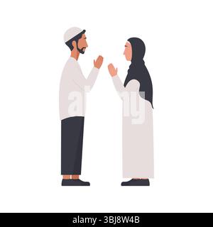 Illustrazione piatta di un uomo musulmano e di una donna musulmana che si salutano isolata su sfondo bianco, perfetta per celebrare eventi islamici Illustrazione Vettoriale