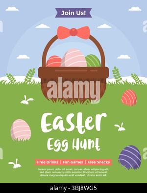 Modello di poster per la caccia all'uovo di Pasqua con un cestino di uova in giardino con cielo blu. Annuncio e invito alla caccia all'uovo Illustrazione Vettoriale