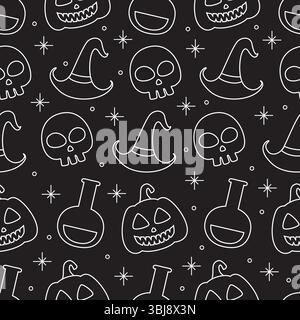 Motivo bianco e nero di Halloween con teschi, zucche e cappello di una strega. Il profilo di Halloween presenta un motivo senza cuciture su sfondo nero Illustrazione Vettoriale