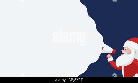 Babbo Natale regge il megafono con uno sfondo vuoto. Sfondo del modello di annuncio natalizio con Babbo Natale che tiene in mano l'altoparlante Illustrazione Vettoriale