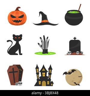 Collezione Halloween Elements con design semplice e piatto isolato su sfondo bianco Illustrazione Vettoriale