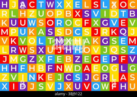 Tutte le lettere dell'alfabeto inglese in colorato motivo a mosaico vettoriale senza cuciture, design educativo per bambini, bambini, sfondi dell'asilo, Back to sc Illustrazione Vettoriale
