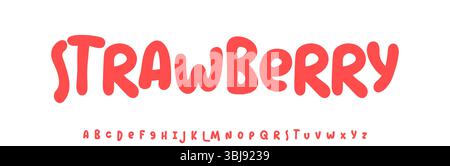 Fragole estive, scritte gioiose, tipografia arrotondata dei cartoni animati. Font infantile per un cordiale titolo con il logo di ricettario, dolci e gelati Illustrazione Vettoriale