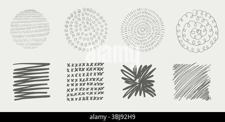 Moderni cerchi disegnati a mano in penna nera. Set vettoriale di forme astratte di scarabocchi e bolle rotonde. Isolato su sfondo bianco. Contemporaneo Illustrazione Vettoriale