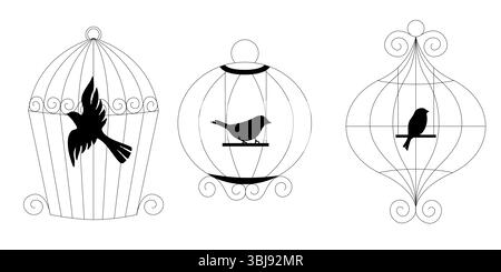 Set vettoriale di gabbie per uccelli doodle illustrazione a linee disegnate a mano collezione di gabbie metalliche per uccelli domestici schizzo minimale per un arredamento vintage o moderno Illustrazione Vettoriale