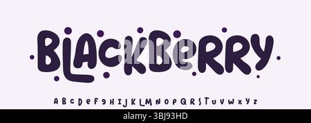 mora estiva, lettere gioiose, tipografia arrotondata dei cartoni animati. Font infantile per un cordiale titolo con il logo di ricettario, dolci e gelati Illustrazione Vettoriale