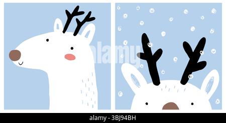Graziosa illustrazione vettoriale delle festività invernali con divertenti renne bianche. Cervo disegnato a mano con Antlers marroni e Big Nose isolato su sfondo blu. Illustrazione Vettoriale