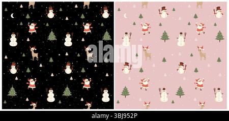 Vacanze invernali modello vettoriale senza cuciture con graziose renne felici, alberi di Natale, pupazzo di neve e Babbo Natale isolati su sfondo nero e rosa. Illustrazione Vettoriale