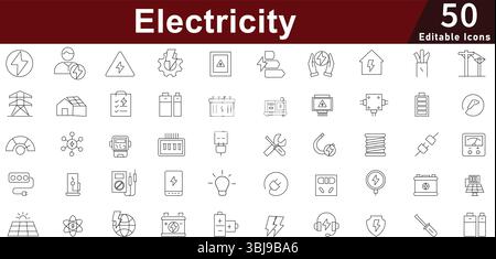 Set di icone di elettricità ed energia elettrica: Simboli di potenza, rinnovabili e industriali. Icone vettoriali modificabili Illustrazione Vettoriale
