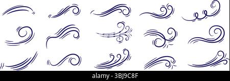 Set di elementi decorativi a forma d'onda astratta e di turbolenza disegnati a mano, perfetti per l'uso nel design del tatuaggio, nella decorazione grafica, nelle icone di movimento e. Illustrazione Vettoriale