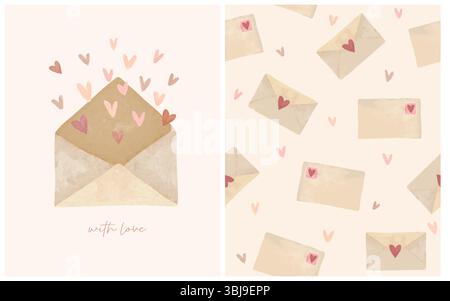 Buon San Valentino. Carino biglietto di San Valentino con lettera d'amore con cuori in volo. Con amore. Ripetizione vettoriale senza cuciture con inviluppi e cuori. Illustrazione Vettoriale