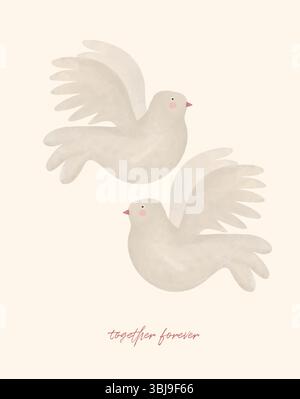 Biglietto di San Valentino. Insieme per sempre. Carino San Valentino con 2 Flying Doves. Piccioni dipinti a mano su sfondo beige. Un paio di Birds in Love. Illustrazione Vettoriale