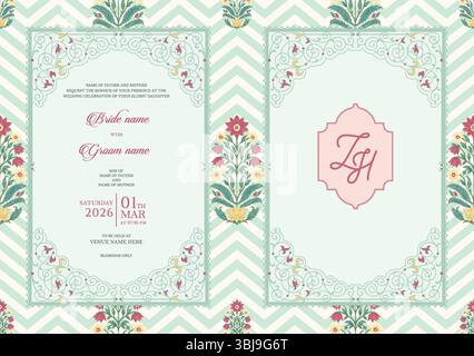 Biglietto d'invito per matrimoni tradizionali moghul con tema vintage di arte floreale. Illustrazione Vettoriale