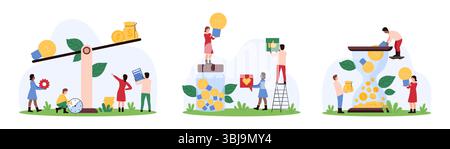 Valutazione degli investimenti in idee creative, analisi digitale dei progetti, set di valutazione. Le persone più piccole misurano il costo delle lampadine su scale, votano per una lampada con un'illustrazione vettoriale simile a quella dei cartoni animati sui social media Illustrazione Vettoriale