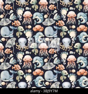 Carini animali marini adorabile mondo sottomarino. Pesce di razza di polpo dei delfini balenieri. Acquerello motivo pastello estivo senza cuciture su sfondo blu scuro per Foto Stock