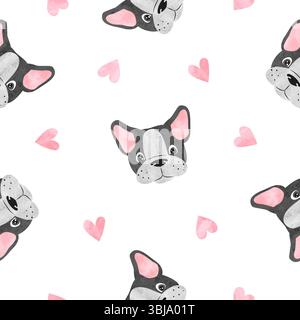 Cucciolo di bulldog francese e cuori con motivo ad acquerello senza cuciture. Illustrazione di un cane carino vettoriale Illustrazione Vettoriale