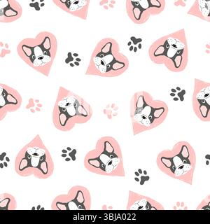 Motivo senza cuciture con grazioso bulldog francese e cuori rosa. Sfondo vettoriale con cani e zampe Illustrazione Vettoriale