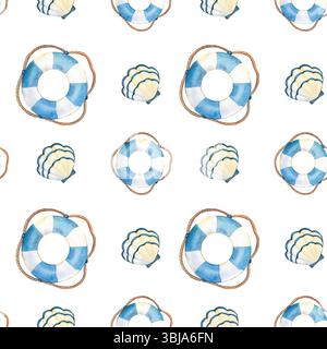 Motivo senza cuciture dipinto a mano con elementi di tema marino. Illustrazioni in acquerello di nave, ancora, conchiglia. Impostare su sfondo bianco Foto Stock