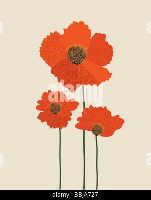 Red Poppy Flowers. Fiori rossi isolati su sfondo avorio. Stampa trendy con papaveri disegnati a mano rossi. Simbolo del giorno della memoria. Moderna arte floreale Illustrazione Vettoriale