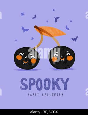 Due ciliegie nere arrabbiate su sfondo violetto. Spaventoso Halloween Vector Print. Ciliegie gemelle vampire, pipistrelli e stelle. Carino Halloween Card disegnato a mano. Illustrazione Vettoriale